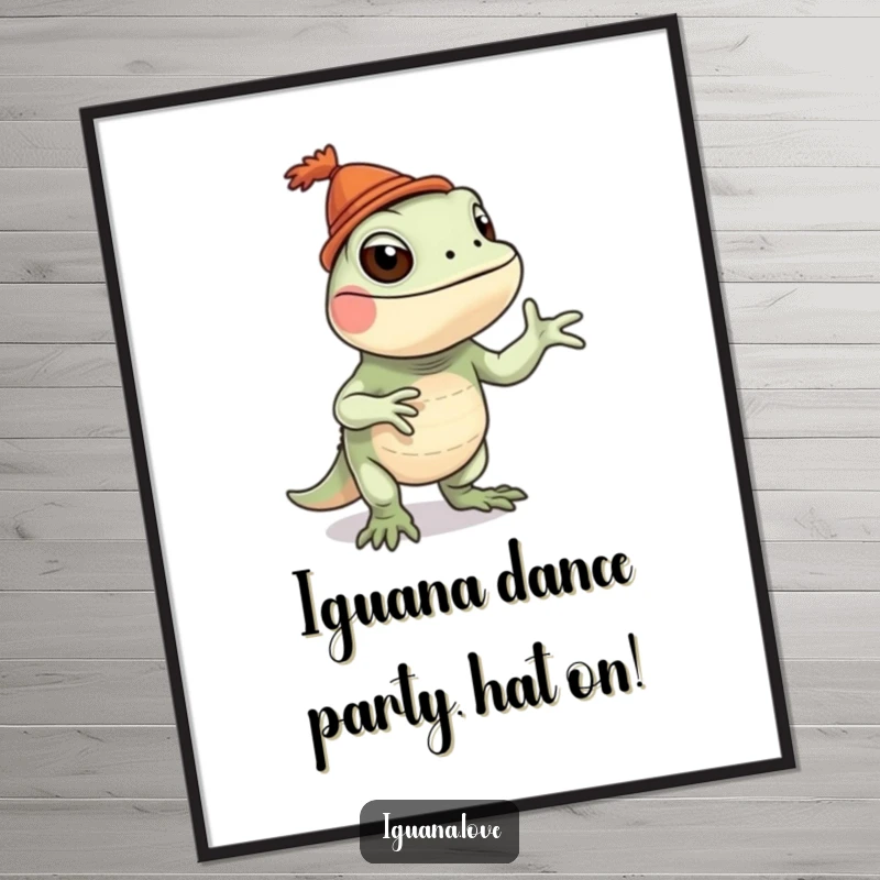 Funny Free Printable Wall Art: Playful iguana character wearing a tiny hat, busting out a hilarious, energetic silly dance.