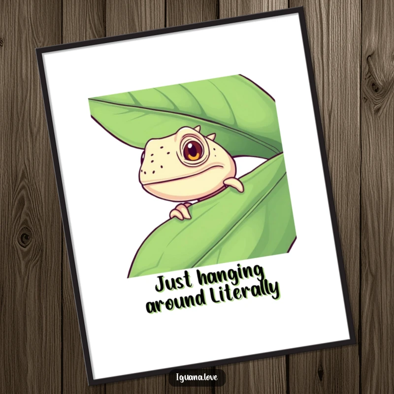 Funny Free Printable Wall Art: A curious iguana peeking from behind a large leaf, adding a humorous and charming touch to decor.