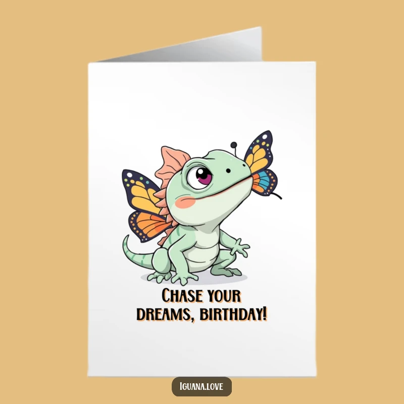 Free Printable Birthday Card: Iguana Chasing Butterfly - Funny Gift