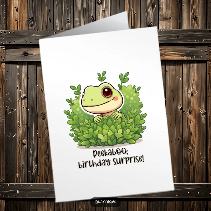 Funny Free Printable Birthday Card: A curious iguana playfully peeking from behind a green bush, wishing happy birthday.