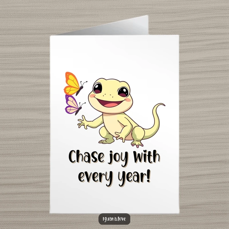 Funny Free Printable Kawaii Iguana Birthday Card: Smiling iguana chasing a butterfly with excitement.