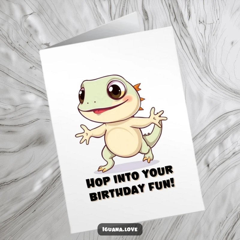 Funny Free Printable Iguana Birthday Card: Charming iguana with wide eyes doing a joyful hop.