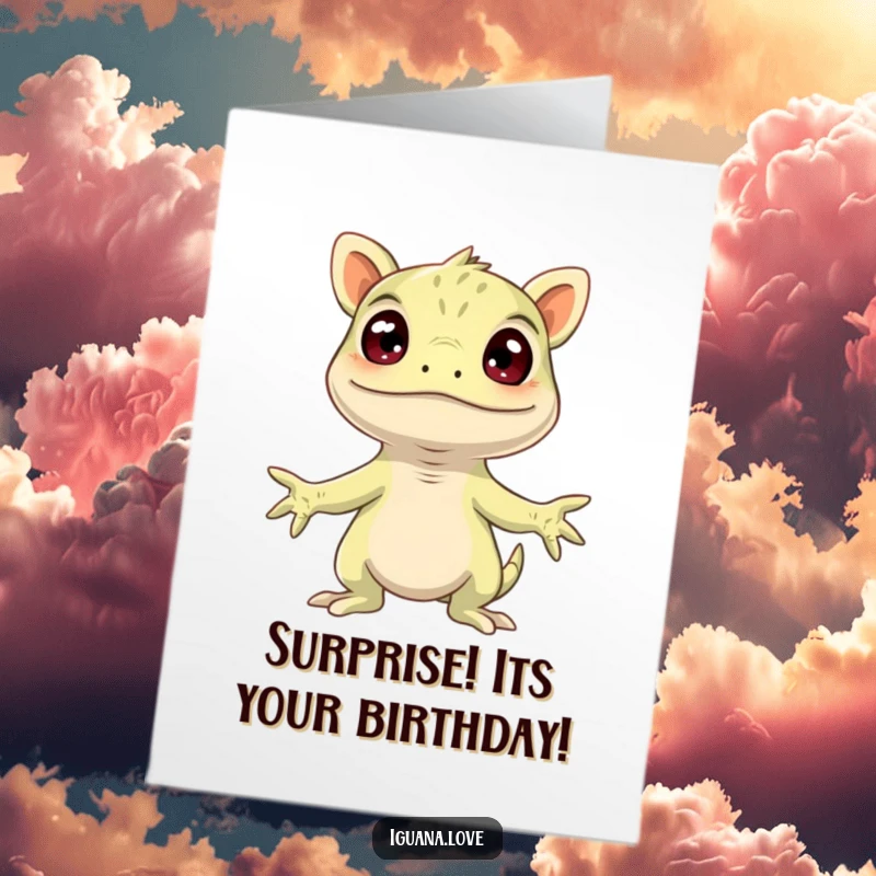 Funny Free Printable Birthday Card: An iguana stands with arms wide open, its face comically expressing surprise, ready for birthday wishes.