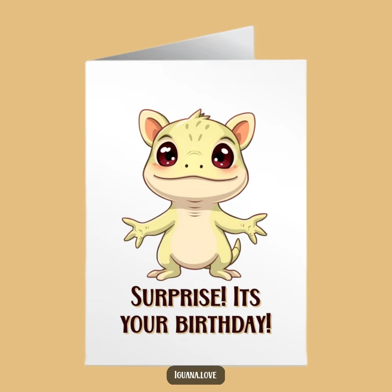 Free Printable Iguana Birthday Card: Surprised Lizard Arms Wide Downloadable Fun Gift