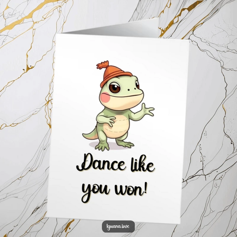 Funny Free Printable Congratulations Card: Playful iguana character in a tiny hat, performing a silly, celebratory dance for an achievement.