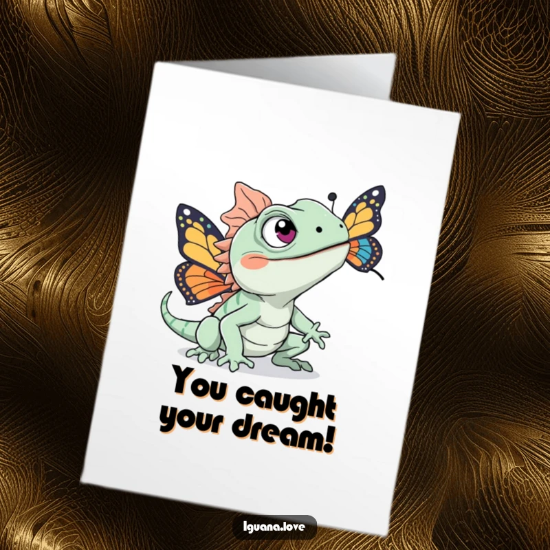 Funny Free Printable Congratulations Card: An iguana joyfully chasing a fluttering butterfly, symbolizing success.