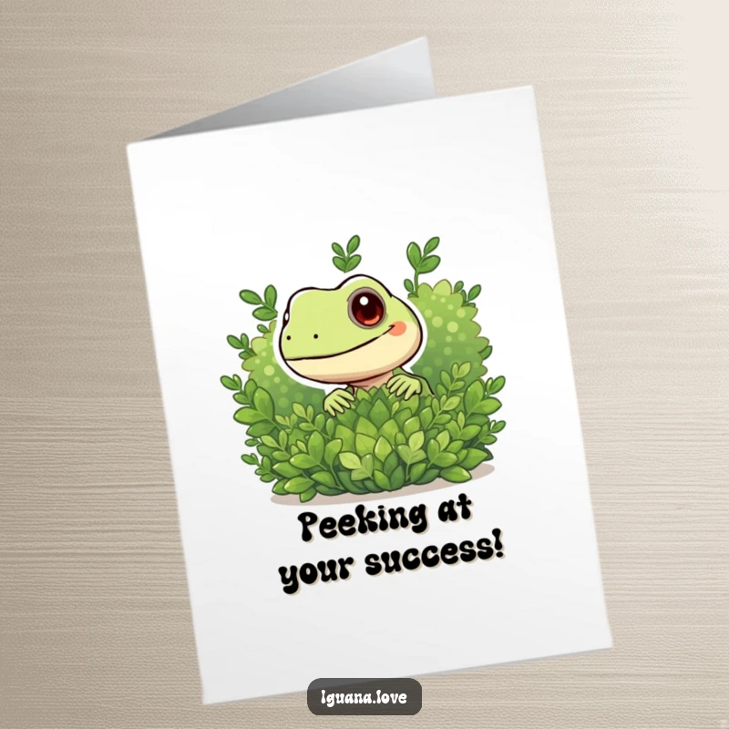 Funny Free Printable Congratulations Card: An iguana peeking mischievously from foliage, celebrating your achievement.