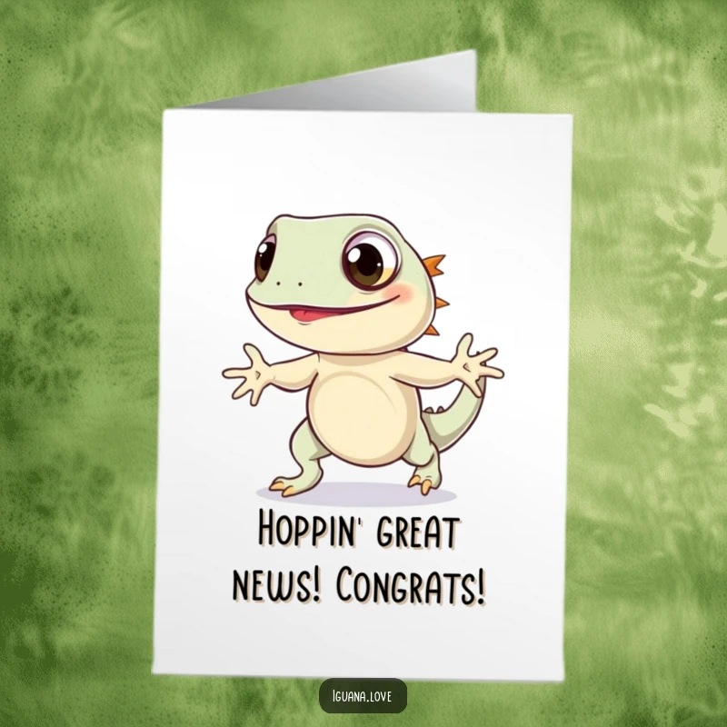 Funny Free Printable Iguana Congrats Card: Charming iguana with wide eyes doing a joyful hop.