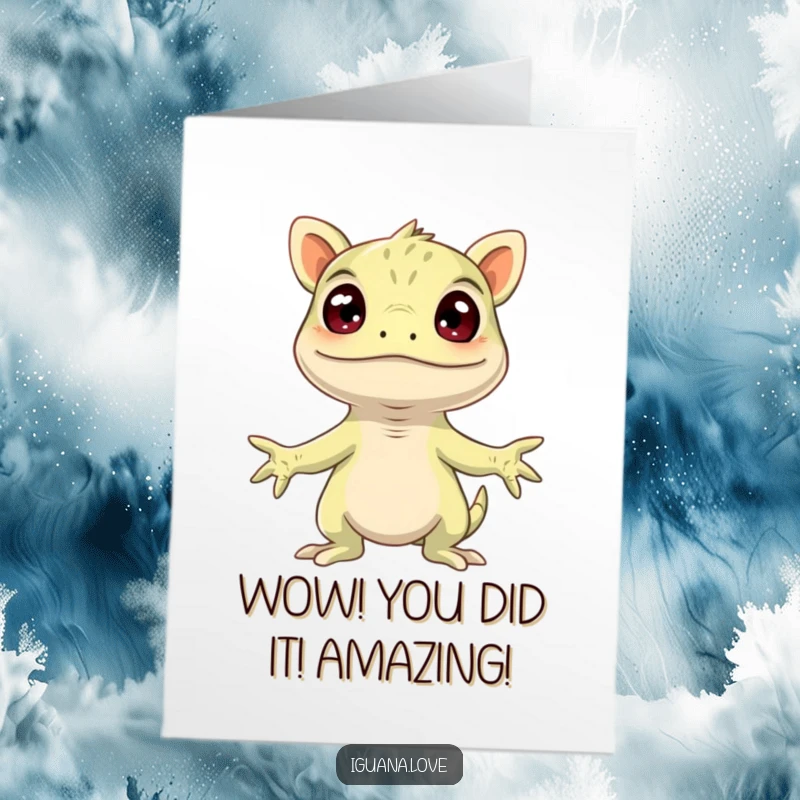 Funny Free Printable Congratulations Card: An iguana looks comically surprised with arms wide, celebrating an amazing achievement.