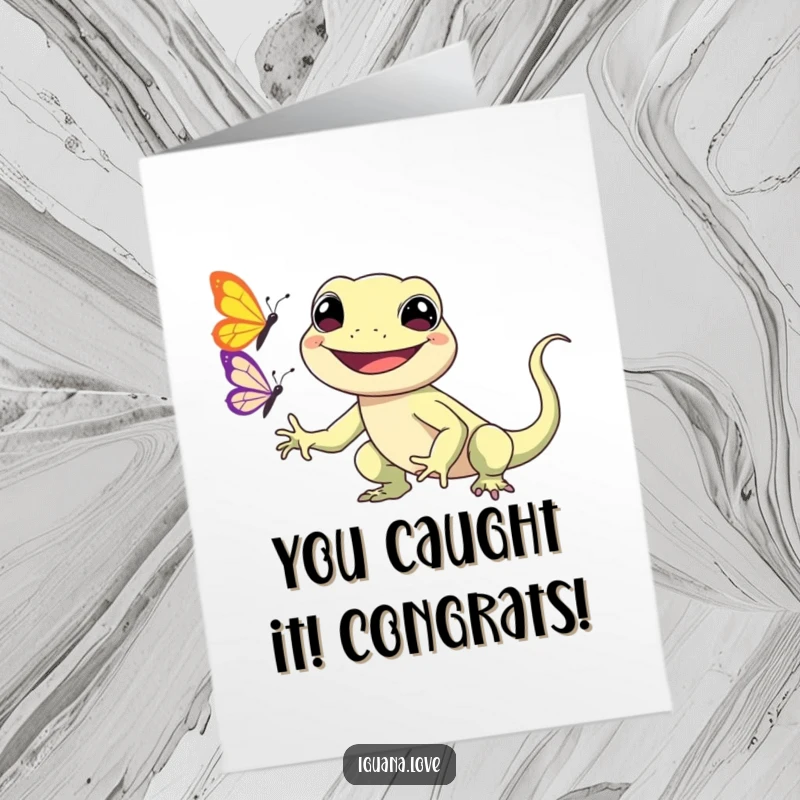 Funny Free Printable Kawaii Iguana Congrats Card: Happy iguana chasing a butterfly, celebrating success.