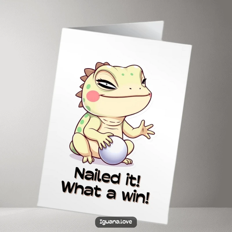 Funny Free Printable Congratulations Card: An iguana winks while balancing a tiny ball, celebrating success with impressive charm.