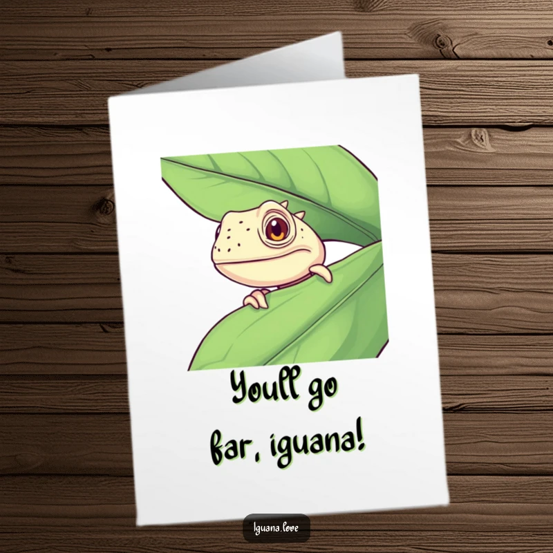 Funny Free Printable Congratulations Card: Stealthy iguana peeking from behind a leaf, offering congratulations with a funny twist.