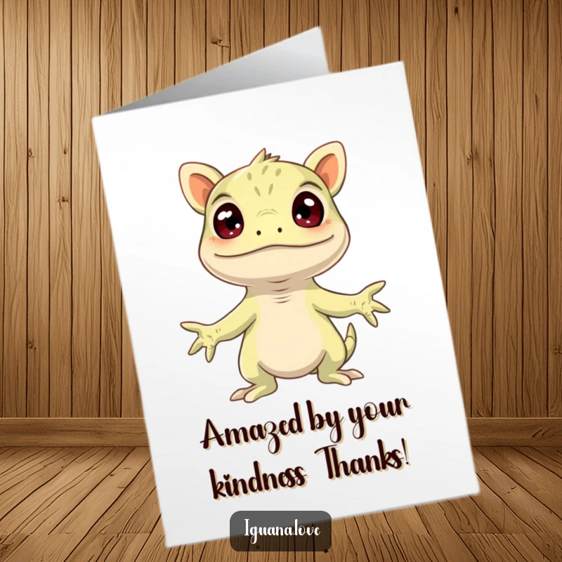 Funny Free Printable Thank You Card: An iguana with arms flung wide looks comically surprised, offering thanks in a humorous way.
