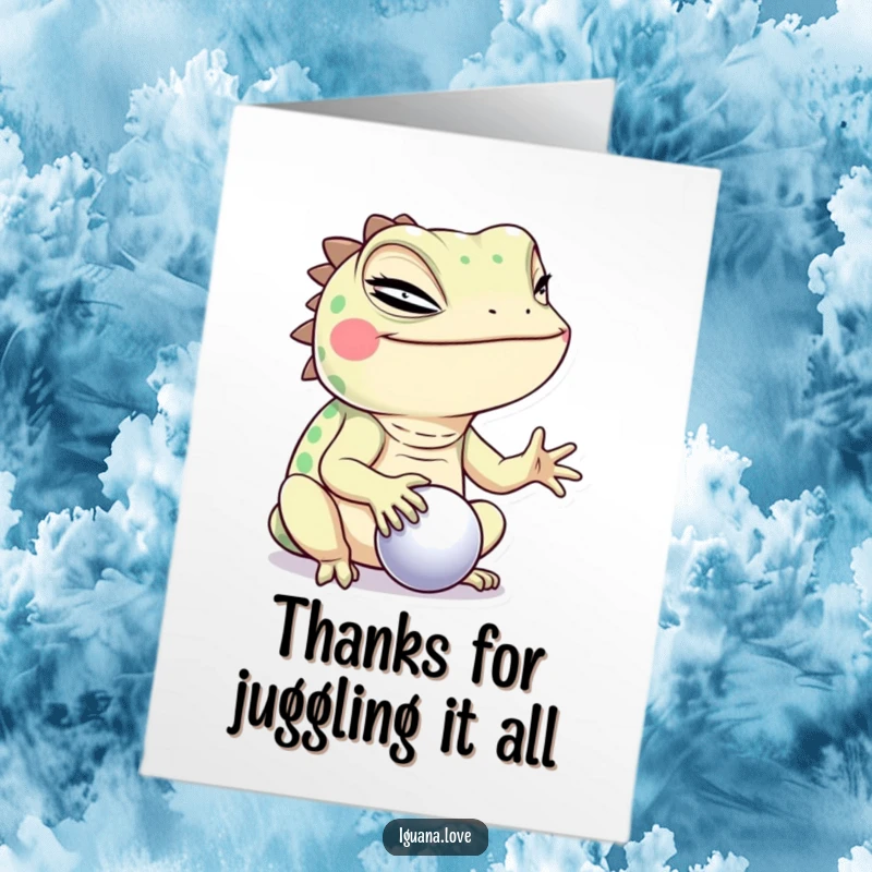 Funny Free Printable Thank You Card: An iguana winks heartily while balancing a tiny ball, a unique way to say thank you.