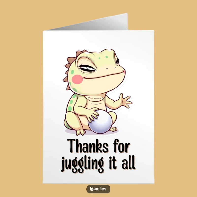 Free Printable Iguana Thank You Card: Winking Lizard Balancing Ball Downloadable Gratitude Gift