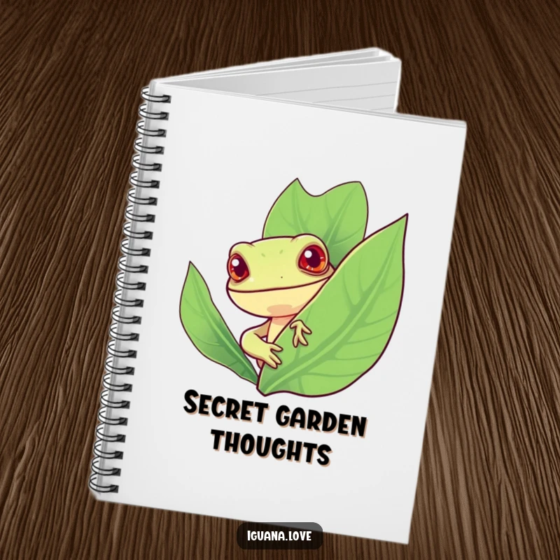 Funny notebook featuring a stylized iguana with a cheerful expression peeking curiously from behind a large, vibrant leaf, perfect for ideas.