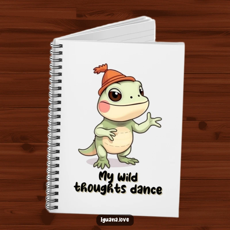 Funny iguana notebook with a playful iguana wearing a tiny hat and doing a silly dance, perfect for jotting ideas.