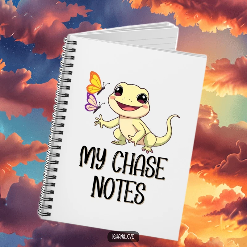 Funny Kawaii Iguana Notebook features a smiling iguana character chasing a butterfly, perfect for note-taking, journaling, or sketching with adorable flair.
