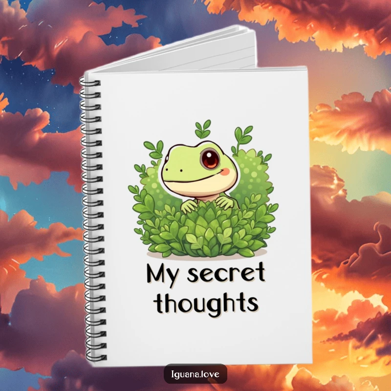 Funny notebook with a playful iguana peeking from behind a bush, ideal for journaling secrets or notes.