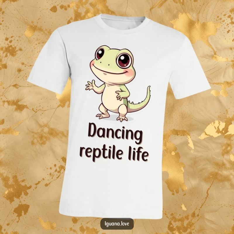 Funny t-shirt depicting a cheerful iguana with large eyes doing a bizarrely amusing silly dance, full of energy.