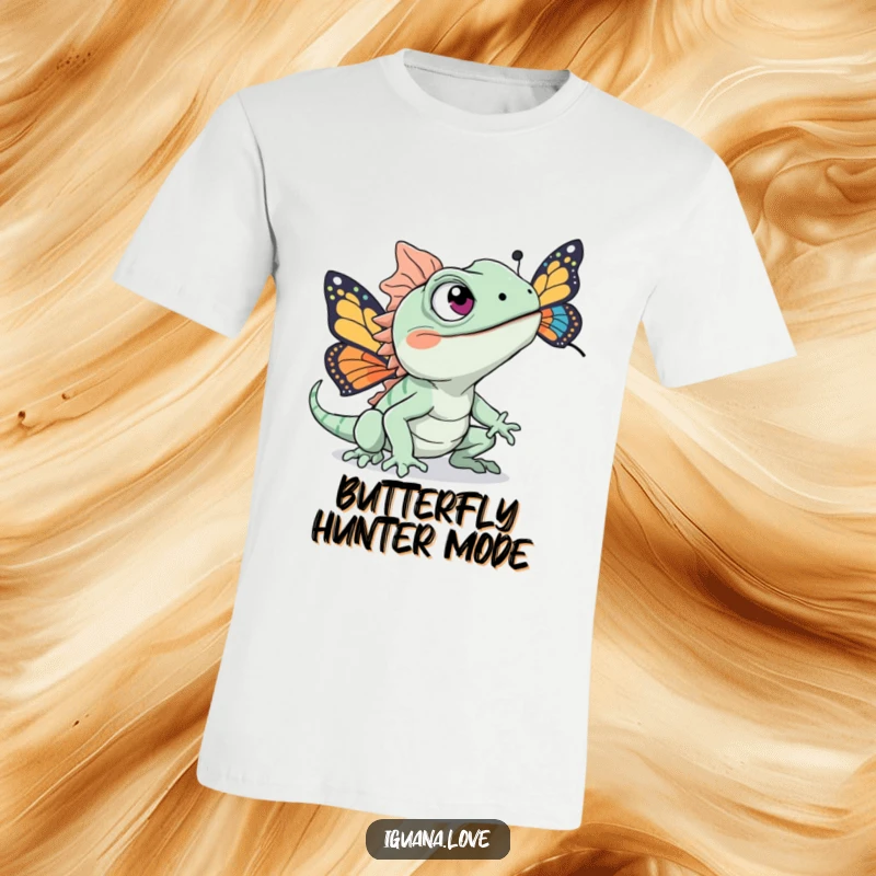 Funny t-shirt showcasing an iguana with excited eyes enthusiastically chasing a beautiful, colorful butterfly in mid-air.