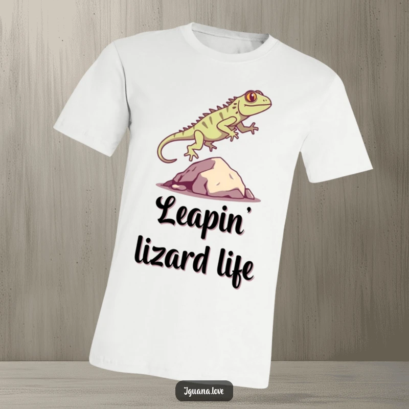 Funny Iguana Silhouette T-Shirt features a playful iguana leaping over a stylized rock, perfect for nature lovers and humor enthusiasts.