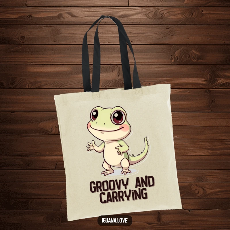 Funny tote bag featuring a cheerful iguana with big eyes doing a hilariously silly dance, perfect for carrying essentials.