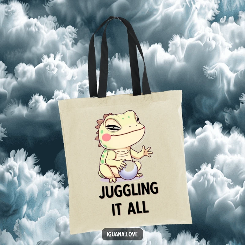Funny Winking Iguana Tote Bag, balancing a small ball with a confident wink, a humorous accessory for everyday use.