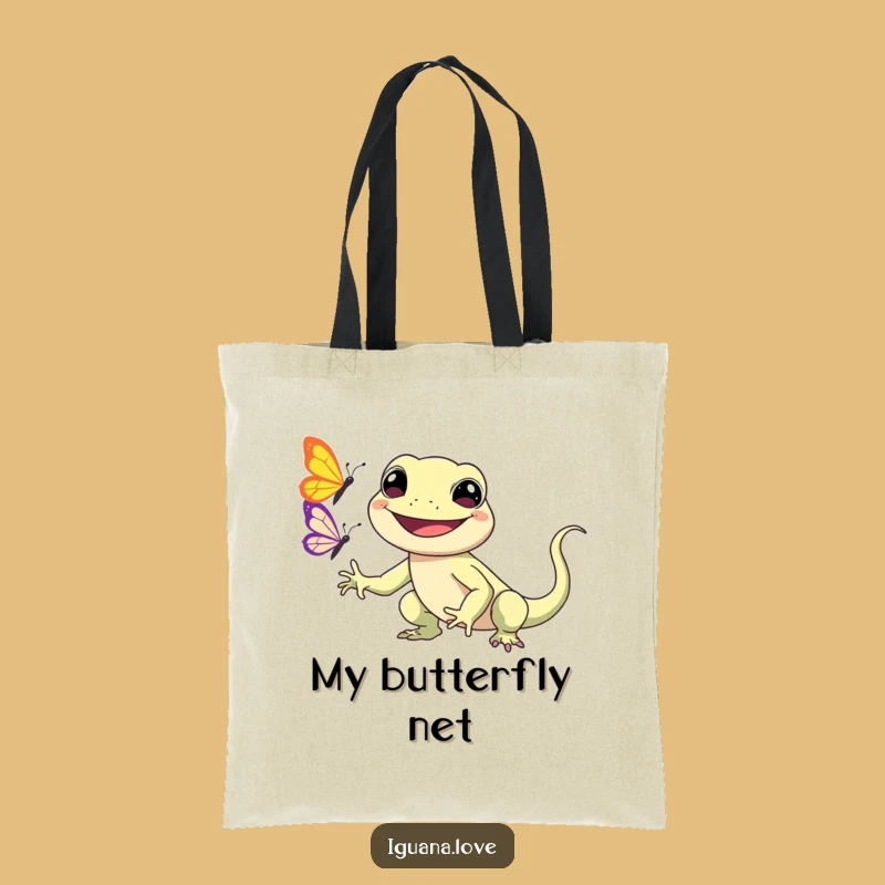 Funny Kawaii Iguana Tote Bag: Cute Design, Butterfly Chase, Perfect Funny Gift
