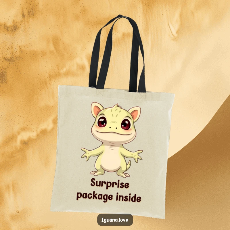 Funny Surprised Iguana Tote Bag, arms wide in comical amazement, a humorous accessory for carrying daily items.